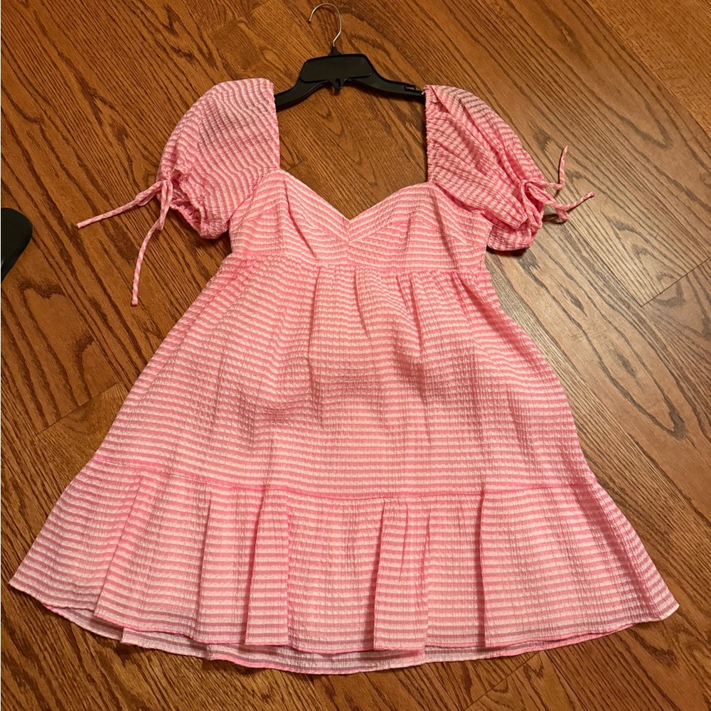 Amanda Uprichard Pink and White Pleated Sundress with Puff Sleeves